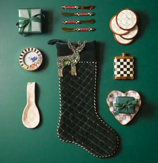 MacKenzie-Childs Vánoční punčocha Emerald Beaded Deer, smaragdový samet, korálkový jelen, 55.88 cm, Waterfall Bathrooms