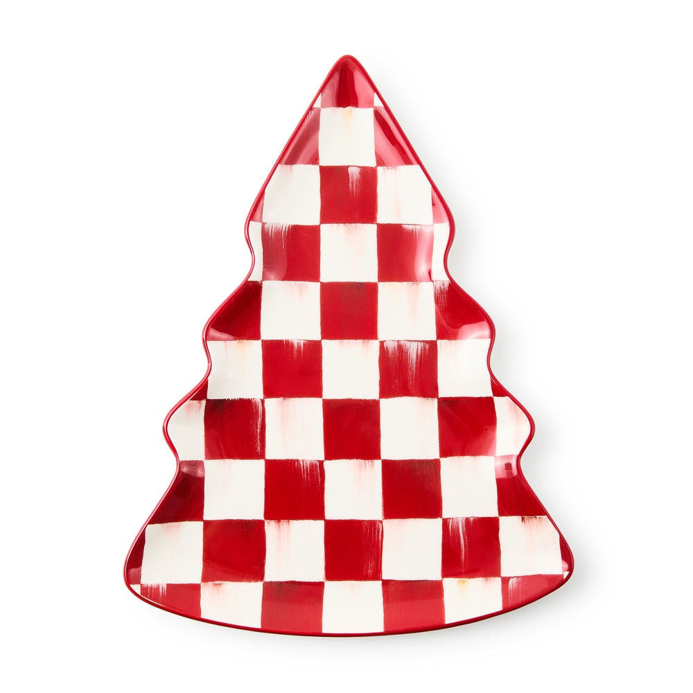 Vánoční tácek ve tvaru stromu Cherry Check od MacKenzie-Childs, kamenina, s červeným kostkovaným vzorem, Waterfall Bathrooms.