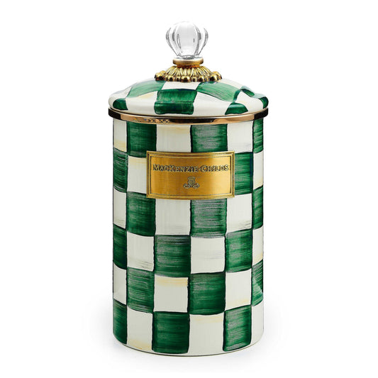 Velká dóza Emerald Check od MacKenzie-Childs se zeleným kostkovaným vzorem, Waterfall Bathrooms.