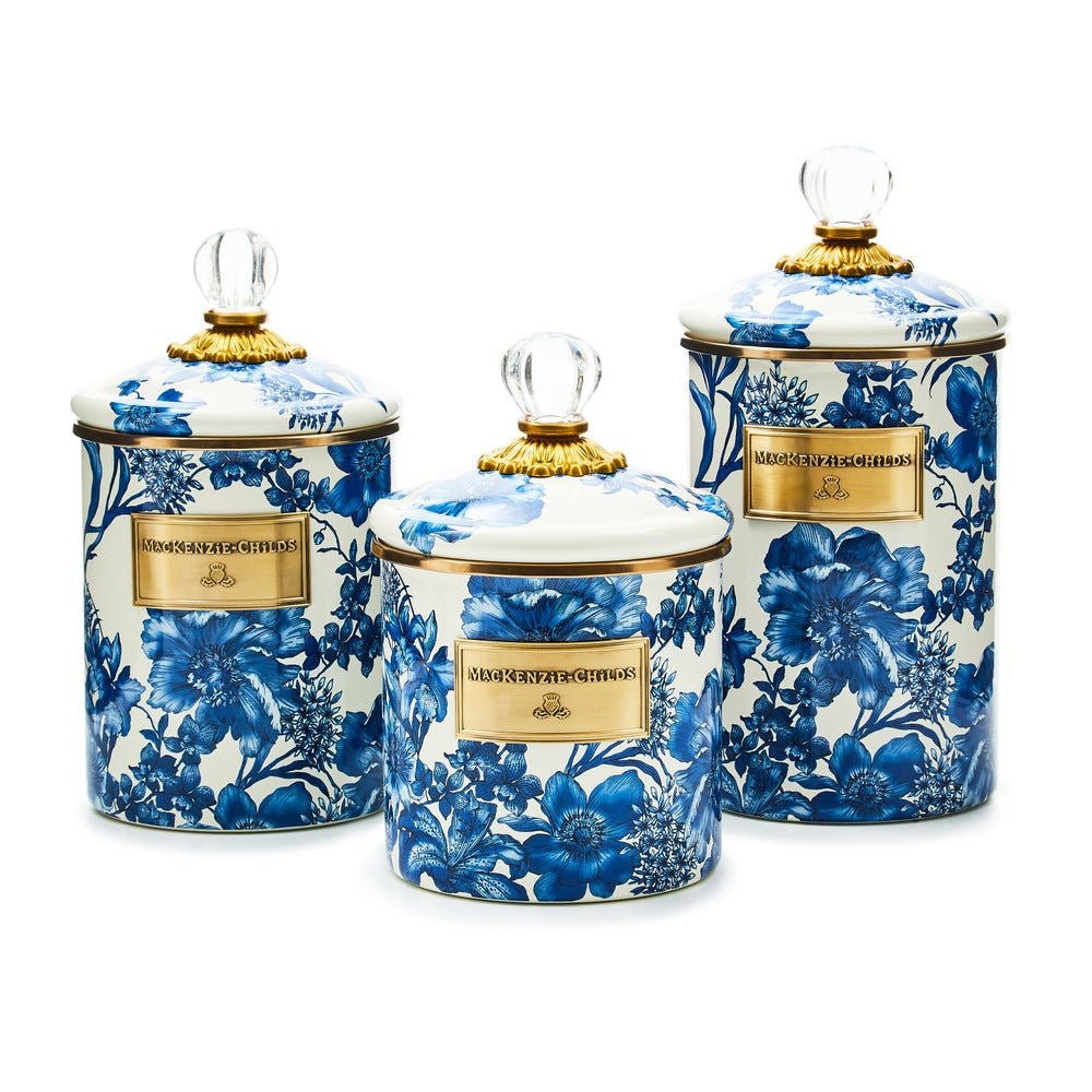 Velká smaltovaná dóza Royal English Garden od MacKenzie-Childs s víkem a modrými květinovými obtisky, Waterfall Bathrooms.