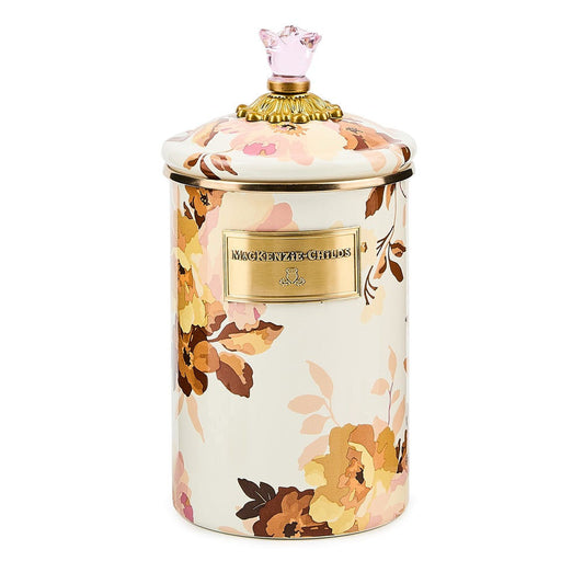 Velká dóza Wild Rose White od MacKenzie-Childs s ručně malovaným květinovým vzorem, Waterfall Bathrooms.
