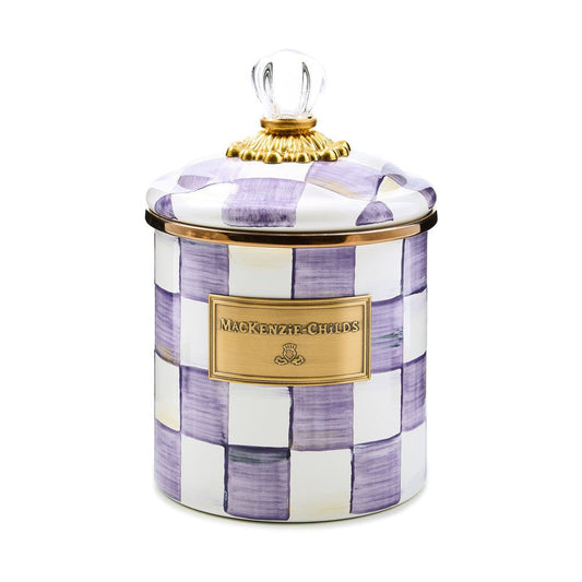 Ručně malovaná smaltovaná dóza MacKenzie-Childs Violet Check s fialovou šachovnicí a skleněnou úchytkou.