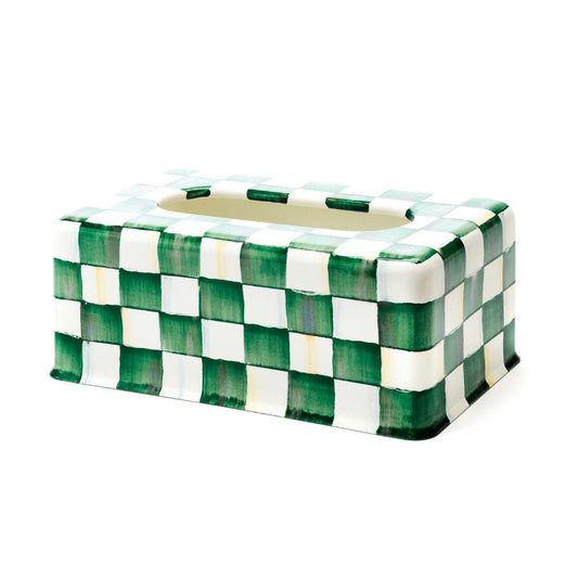 Zásobník na papírové kapesníky Emerald Check od MacKenzie-Childs se zeleným kostkovaným vzorem, Waterfall Bathrooms.

