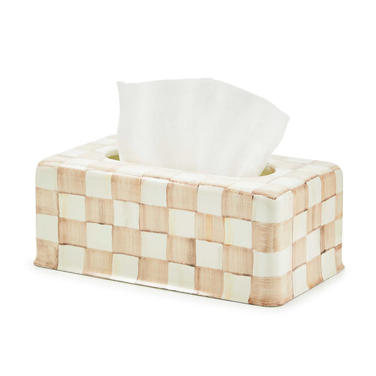 Smaltovaný zásobník na papírové kapesníky Mocha Check od MacKenzie-Childs s kávovým kostkovaným vzorem, Waterfall Bathrooms.