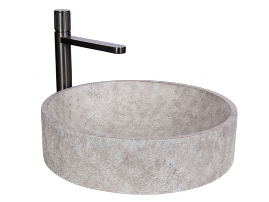 Designový set béžového betonového umyvadla a vysoké baterie Gun Metal Waterfall Bathrooms