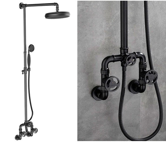 Černý matný industriální sprchový set s ventilovými kohoutky a hlavovou sprchou Waterfall Bathrooms