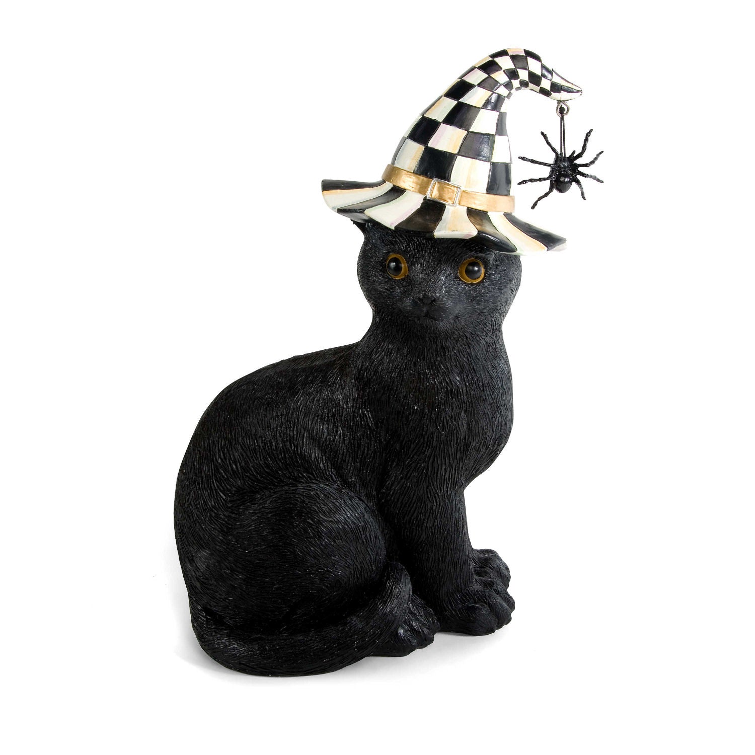 Halloweenská dekorace Černá kočka s čarodějnickým kloboukem Courtly Check a třpytivým pavoukem od MacKenzie-Childs, polyresin, Waterfall Bathrooms.
