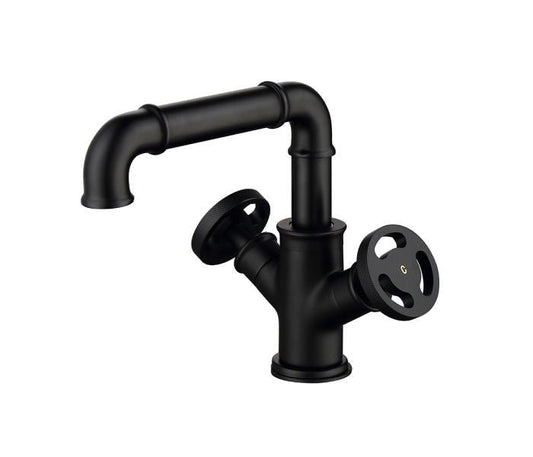 Černá matná kohoutková umyvadlová baterie v industriálním stylu s ventilovými koly Waterfall Bathrooms