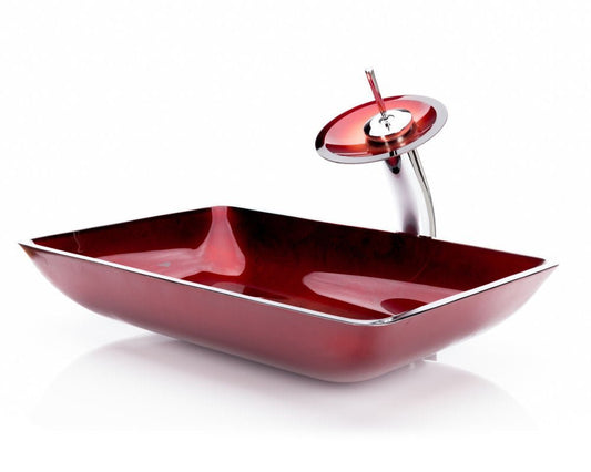 Červené obdélníkové skleněné umyvadlo Bordeaux s vodopádovou baterií a kovovými plátky Waterfall Bathrooms