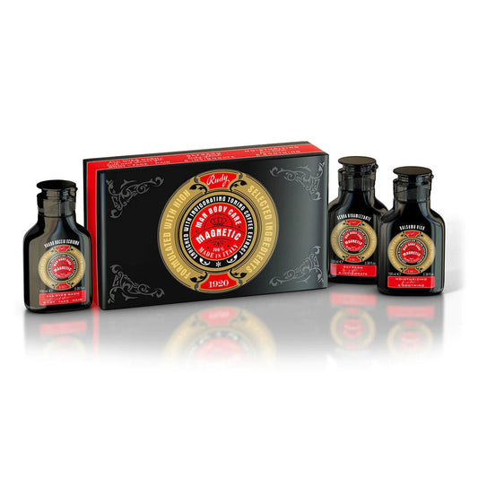 Rudy Profumi Cestovní sada pro muže Magnetic, 3 x 100 ml, All-Over Wash, Body Splash, Face Balm, vůně vetiver a hořký pomeranč, Waterfall Bathrooms