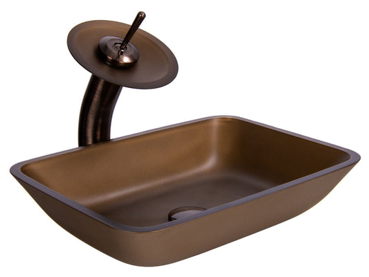 Hnědé skleněné umyvadlo na desku s perleťovým nádechem a vodopádovou baterií Waterfall Bathrooms