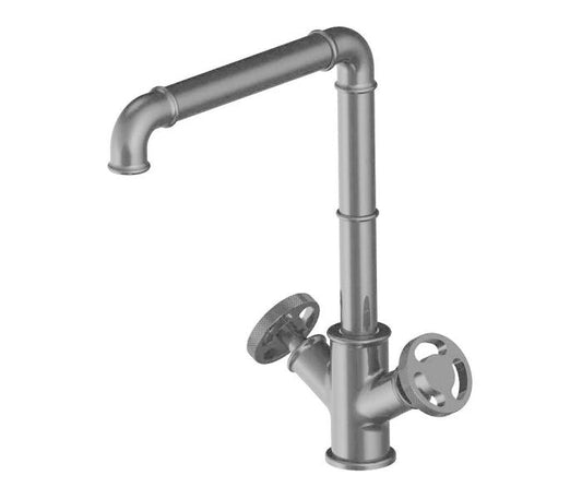 Industriální dřezová baterie v provedení broušený nikl s kohoutky ve tvaru ventilových kol Waterfall Bathrooms