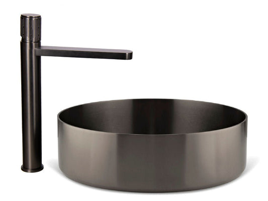 Luxusní koupelnový set obsahující nerezové umyvadlo na desku a vysokou baterii v barvě Gun Metal Waterfall Bathrooms