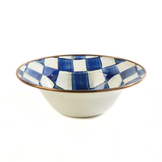 Luxusní snídaňová miska Royal Check Blue od MacKenzie-Childs, smalt, modré šachovnice, bronzový okraj, Waterfall Bathrooms.

