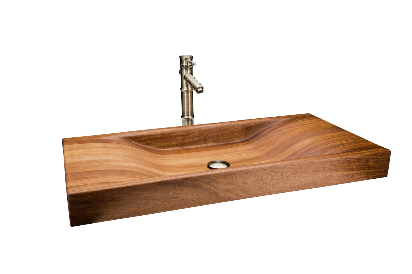 Ručně vyrobené designové dřevěné umyvadlo na desku z masivního dřeva Iroko.