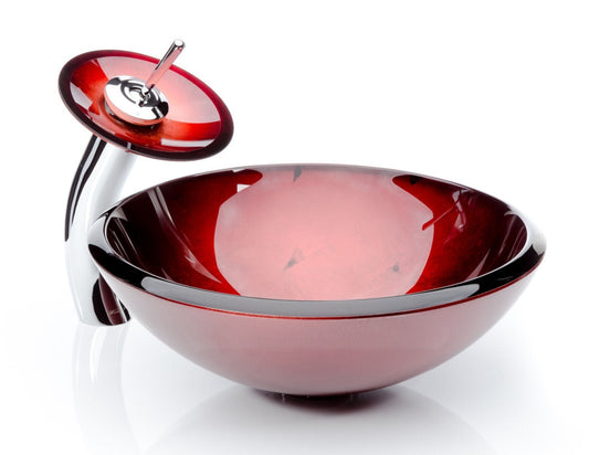 Red Leaf Round Glass Vessel Sink Combo Waterfall Faucet Set - |VESIMI Design| Luxury and Rustic bathrooms online