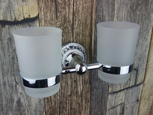 Dvojitý nástěnný držák na zubní kartáčky v chromu se skleněnými pohárky a dekorem Lavande Waterfall Bathrooms
