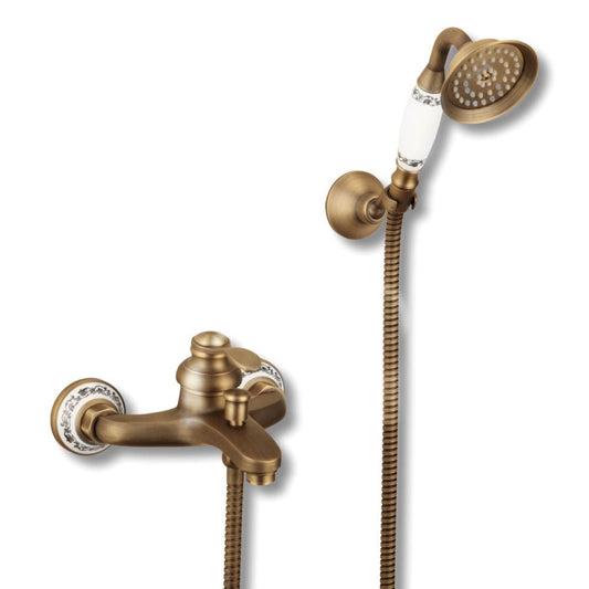 Nástěnná retro páková vanová baterie Lavande se sprchovým setem a keramickým dekorem v barvě antický bronz Waterfall Bathrooms