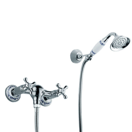 Retro nástěnná kohoutková sprchová baterie Lavande chrom se sprchovým setem a keramickým dekorem Waterfall Bathrooms