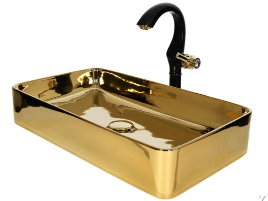 Luxusní set zlatého keramického umyvadla na desku a vysoké baterie Cairo v provedení leštěná mosaz Waterfall Bathrooms