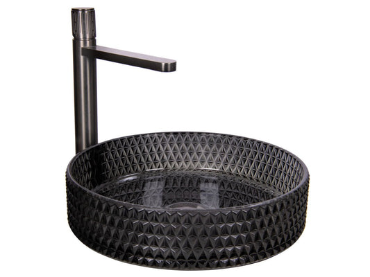 Luxusní set černého broušeného skleněného umyvadla a vysoké baterie Opera v barvě Gun Metal Waterfall Bathrooms
