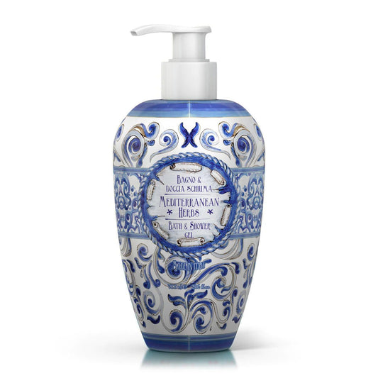 Sprchový gel a pěna do koupele Rudy Profumi Mediterranean Herbs, s vůní Myrty a Zázvoru, 700 ml, unisex, Waterfall Bathrooms.