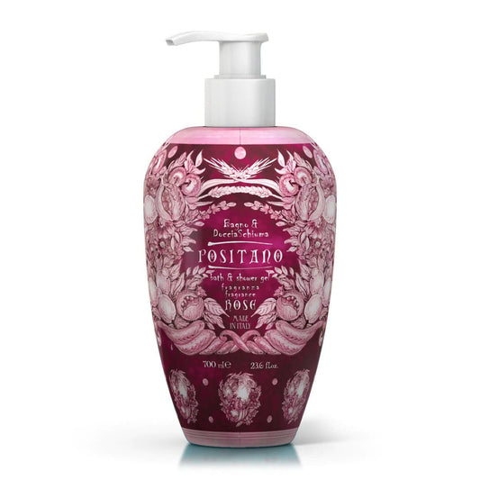 Sprchový gel a pěna do koupele Rudy Profumi Positano Rose, s vůní Damašské Růže a Růžového dřeva, 700 ml, Waterfall Bathrooms.