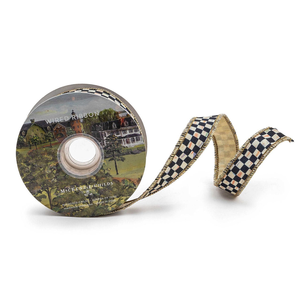 Stuha Courtly Check 2,5 cm / 9,14 m od MacKenzie-Childs, lněný vzor šachovnice, zlatá strana, drátěné okraje, Waterfall Bathrooms.
