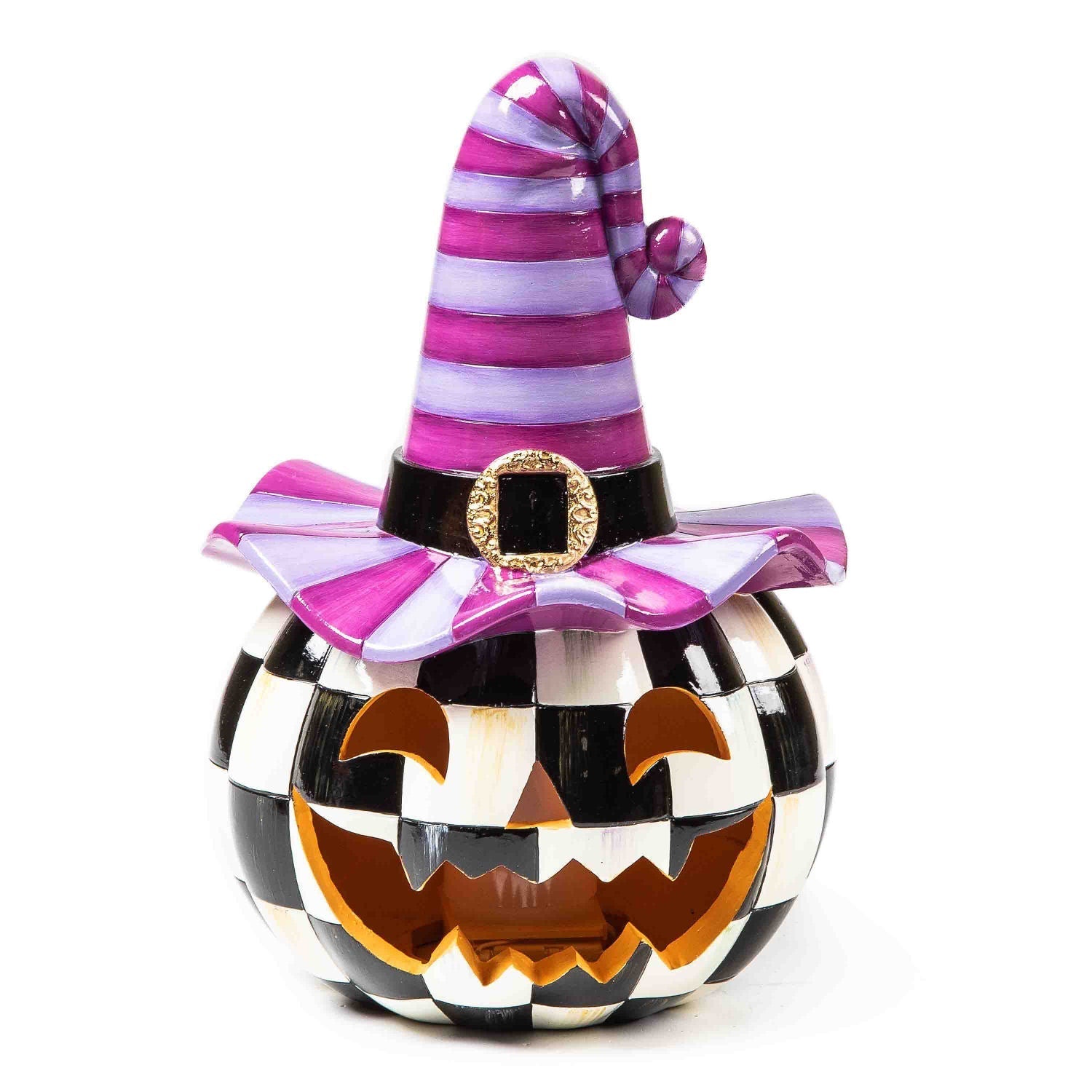 Svítící halloweenská dýně Happy Jack s fialovým kloboukem od MacKenzie-Childs, pryskyřice, černobílý šachovnicový vzor Courtly Check, LED světlo na baterie, Waterfall Bathrooms.
