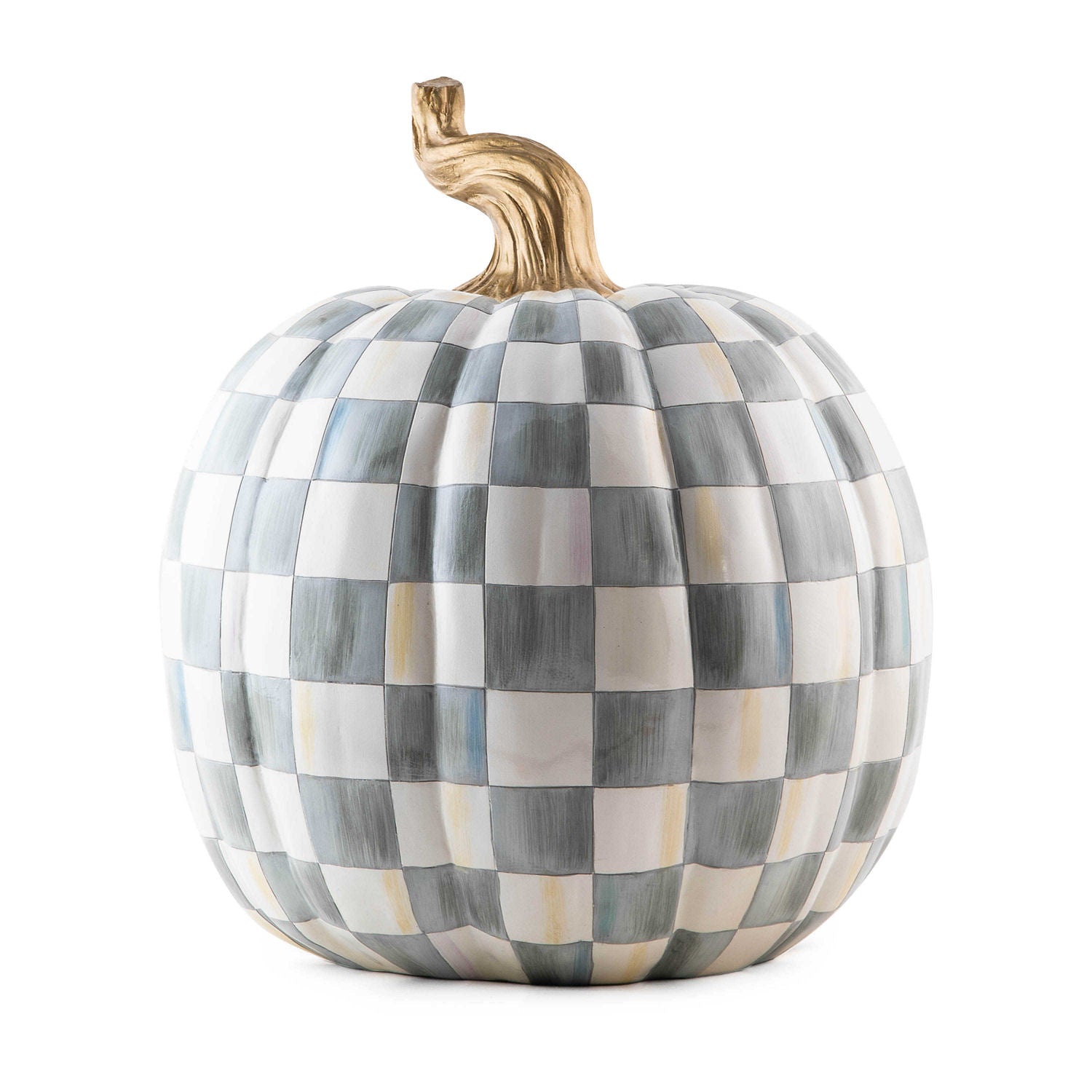 Velká halloweenská dýně Sterling Check od MacKenzie-Childs, pryskyřice, šedé šachovnice, stonek se zlatým listem, Waterfall Bathrooms.
